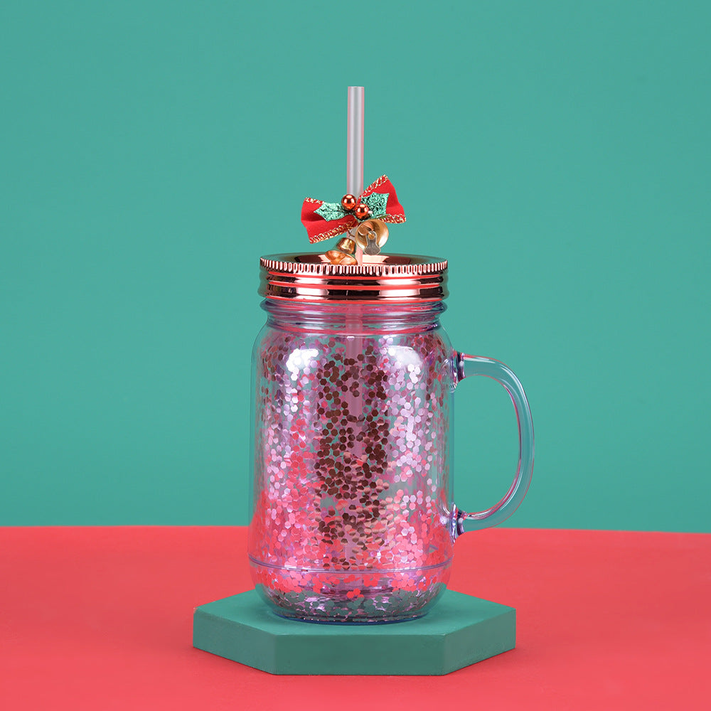 Wholesale  Glitter Plastic Canned Cup with Handle Double Layer Plastic Mason Cup